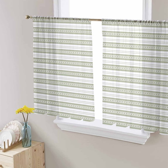 Boho Sage Green Stripe Sheer Curtains 54 Inches Length 2 Panels Set, Window Sheer Curtains for Living Room/Bedroom, Abstract Geometric White Minimalist Light Filter Rod Pocket Curtain 52'' x 54'' x 2