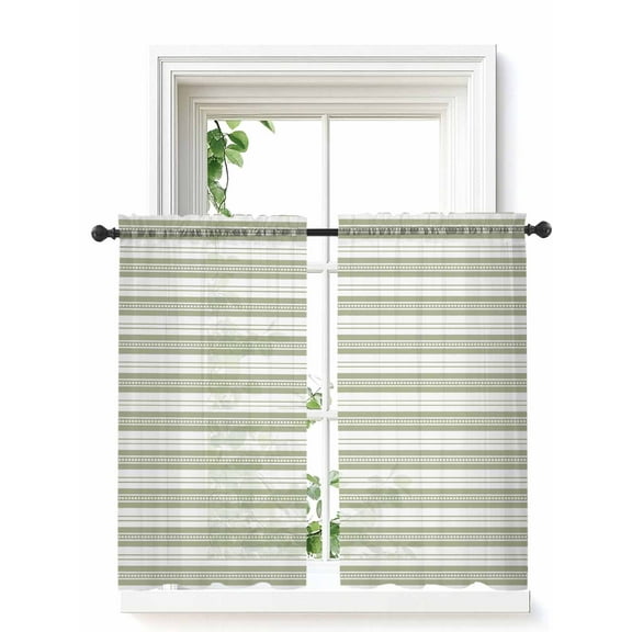 Boho Sage Green Stripe Tier Curtains 45 Inch Length,Sheer Curtains for Bedroom Living Room,Abstract Geometric White Minimalist Rod Pocket Voile Drapes Kitchen Curtains Small Window 27.5"x45" 2 Panels