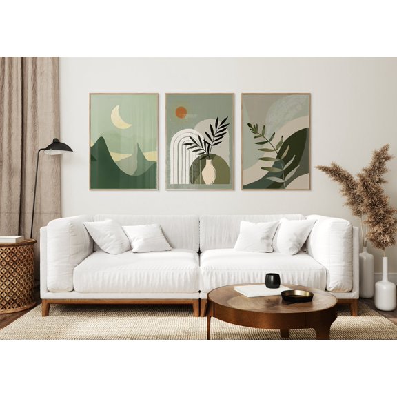 Boho Sage Green Wall Art Abstract Floral Moon Prints Minimalist Nature Art Set 3 Unframed Paper Print 8x12