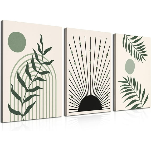 Boho Sage Green Wall Posters & Prints, 12x16 Inch Boho Wall Art Set of 3 Canvas Wood Framed Botanical and Minimalist Pictures, Wall Decor for Living Room, Bedroom, Bathroom, Kitchen, Office