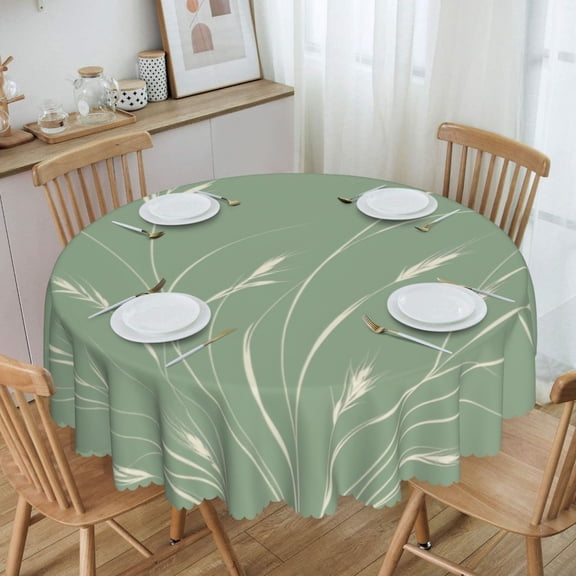 Boho Sage Green Wheat Grass SilhouetteRound Tablecloth Waterproof Oil Proof Spill Proof Table Cloth 70" for Camping, Dining, Indoor and Outdoor Table Cover