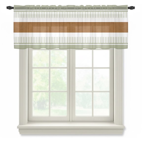 Boho Sage Semi Sheer Valance Curtains, Green and Brown Striped Geometric Retro Farmhouse Voile Valances Curtain Rod Pocket Small Window Treatment for Kitchen Bathroom Cafe 54"x18"