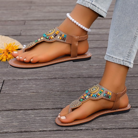 Boho Sandals for Women Flat Heel Open Toe Casual Flip-Flops Slides Thong Women Fashionable Casual Solid Color Versatile Thick Heel Sandals Outerwear