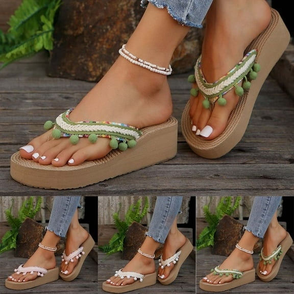 Boho Sandals for Women Summer Wedge Open Toe Slip-on Slipper Casual Summer Shoes for Women Beach Vacation Casual Flower Breathable Flat Sandals