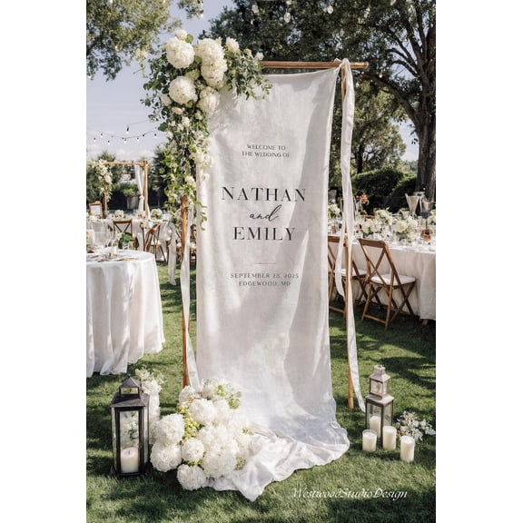 Boho Satin Wedding Welcome Banner, Personalized Name and Date Sign, Custom Special Event Backdrop