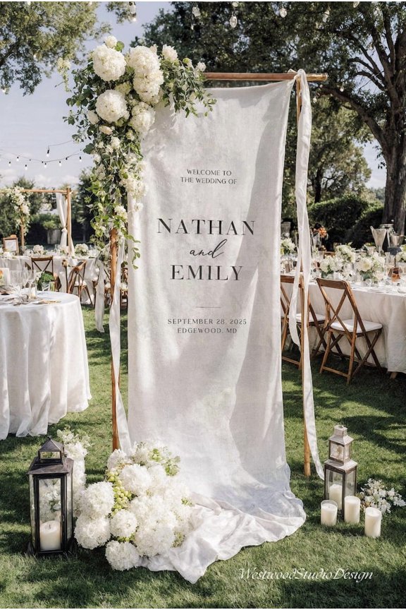 Boho Satin Wedding Welcome Banner, Personalized Name and Date Sign, Custom Special Event Backdrop