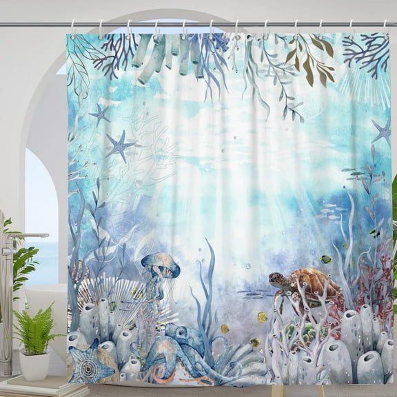 Pbobriich Sea Turtle Shower Curtain, Ocean Theme Waterproof Fabric Bathroom Curtain with Hook, 72x72inch