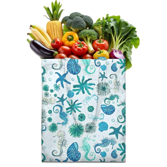 Boho Seahorse Canvas Tote Bag – Watercolor Ocean-Inspired Coastal Design with Coral, Starfish & Nautical Elements – Cute Marine Life Beach Bag for Sea Lovers