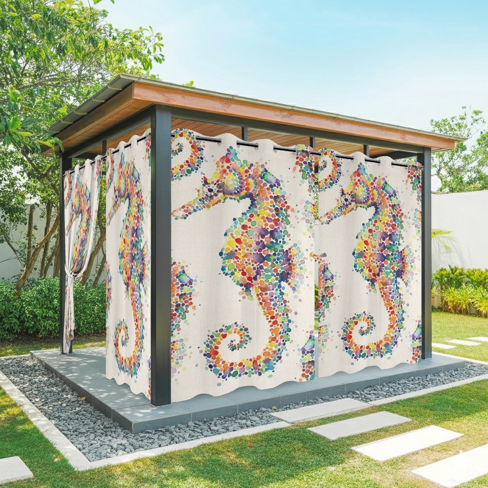 Boho Seahorses Outdoor Curtains for Patio, Watercolor Colorful Dots Coastal Ocean Sunshade Privacy Drapes Grommet Waterproof Outside Curtains for Porch/Cabana/Balcony 54"x 108", 1 Panel