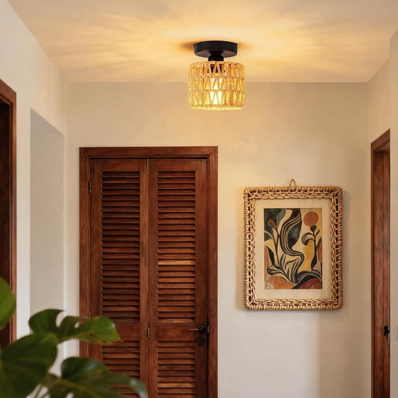 Boho Semi Flush Mount Ceiling Light Fixture, Rustic Rattan Small Chandelier Lamp Shade with Hand Woven Wicker for Bedroom, Farmhouse Kitchen, Entryway Hallway, Living Room