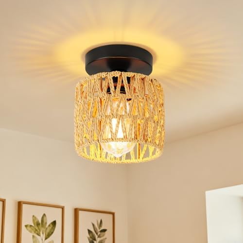 Boho Semi Flush Mount Ceiling Light Fixture, Rustic Rattan Small Chandelier Lamp Shade with Hand Woven Wicker for Bedroom, Farmhouse Kitchen, Entryway Hallway, Living Room