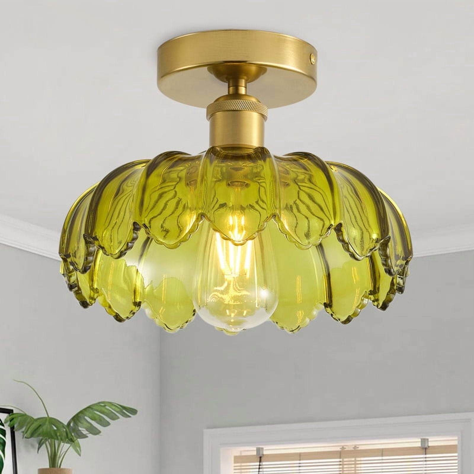 Boho Semi Flush Mount Ceiling Light with Green Glass Shade - Retro Petal Shade Close to Ceiling Light for Hallway,,Living Room & Balcony (9.84")