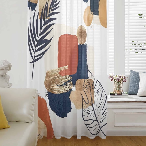 Boho Semi Sheer Curtains Drapes for Living Room,Bedroom,French Doors Window 45 Inches Long,Middle Century Leaves Minimalist Abstract Bohemia Rod Pocket Chiffon Curtain Drapery Voile Draperies Panel