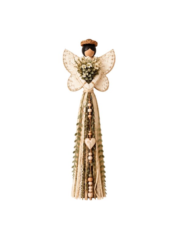 Boho Serenity Angel Hanging Wall Ornament, LaceWing Angel Macrame Tassel Wall Decor with Artificial Bouquet & Heart Detail, Rustic Farmhouse Indoor Wall Hanging Decoration