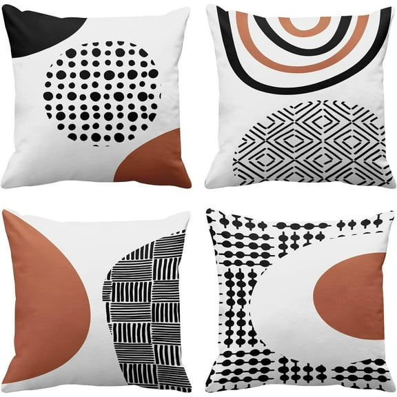 Boho Set of 4 Throw Pillow Covers Mid Century Bohemian Black and White Brown Minimalist Abstract Art Decorative Pillow Cases Home Decor Standard Square 18x18 Inches Pillowcases