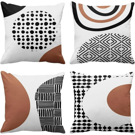 Boho Set of 4 Throw Pillow Covers Mid Century Bohemian Black and White Brown Minimalist Abstract Art Decorative Pillow Cases Home Decor Standard Square 20x20 Inches Pillowcases