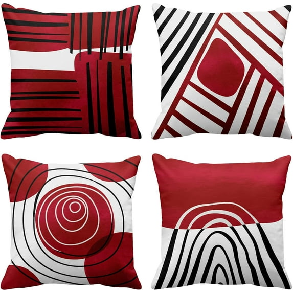 Boho Set of 4 Throw Pillow Covers Mid Century Bohemian Red Black Abstract Geometric Decorative Pillow Cases Home Decor Standard Square 18x18 Inches Pillowcases