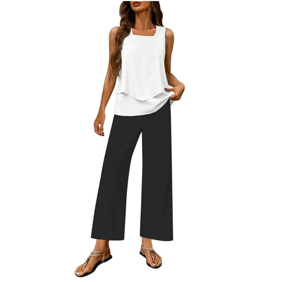Boho Set for Women, Summer Two Piece Outfits 2025 Going out Outfit Sleeveless Tiered Tank Tops Wide Leg Pant Suit Womens Loungewear Sets 2 Piece Outfits Black L
