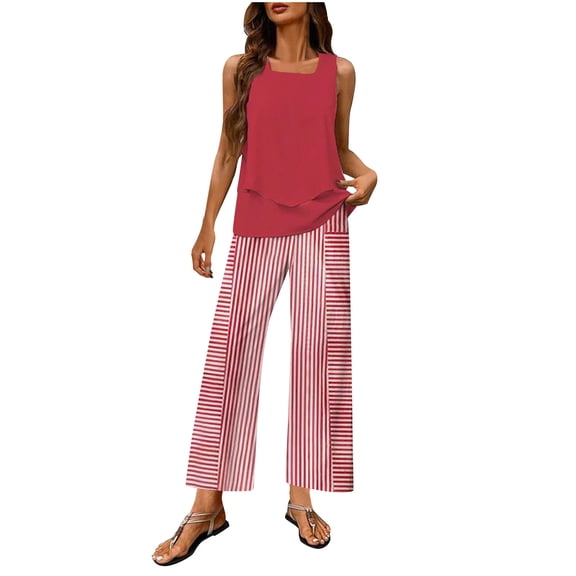 Boho Set for Women, Summer Two Piece Outfits 2025 Going out Outfit Sleeveless Tiered Tank Tops Wide Leg Pant Suit Womens Spring Outfits M