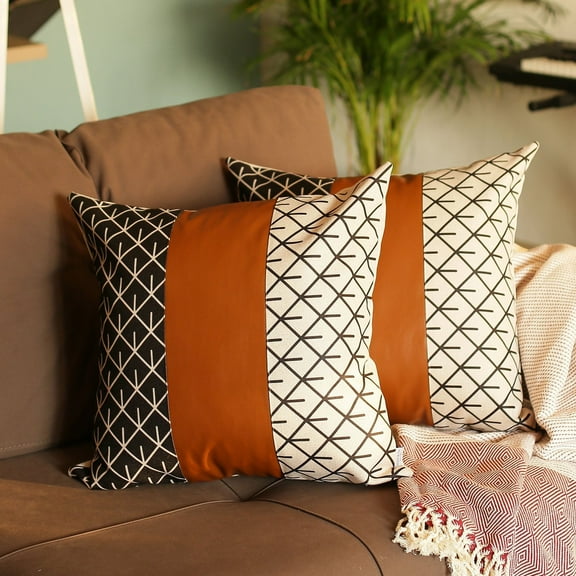 Boho Set of 2 Handcrafted Decorative Throw Pillow Cover Vegan Faux Leather Geometric 22" x 22" Brown & Ivory Square for Couch, Bedding