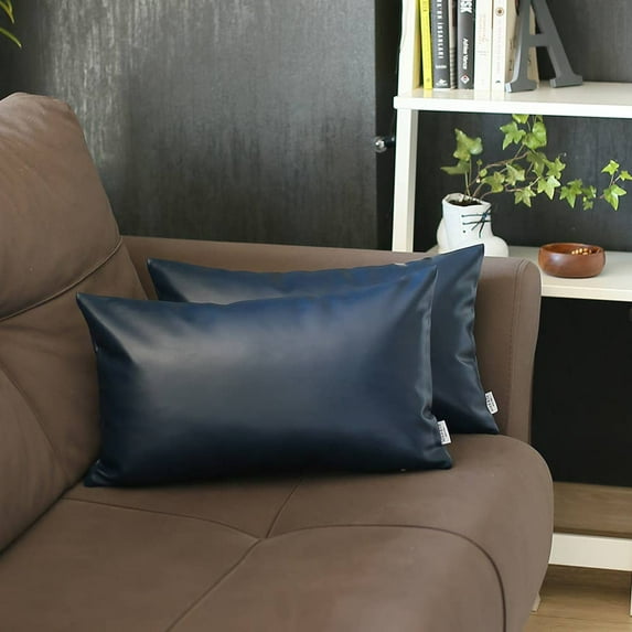 Boho Set of 2 Handcrafted Decorative Throw Pillow Cover Vegan Faux Leather Solid 12" x 20" Navy Blue Lumbar for Couch, Bedding