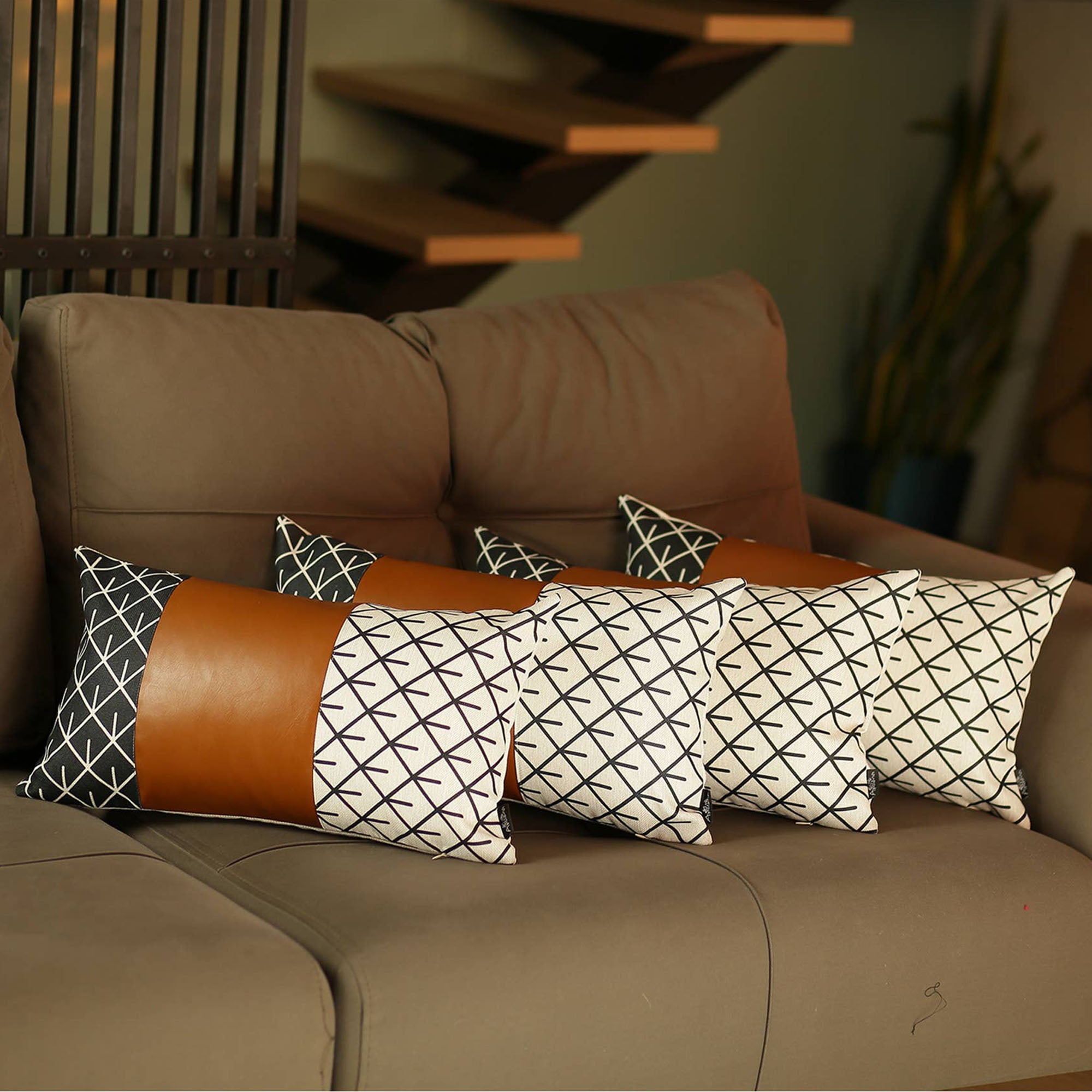 Boho Brown and Ivory Geometric Faux Leather Lumbar Pillow Cover Set