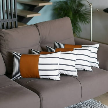 Boho Set of 4 Handcrafted Decorative Throw Pillow Cover Vegan Faux Leather Geometric 12" x 20" Brown & Ivory Lumbar for Couch, Bedding