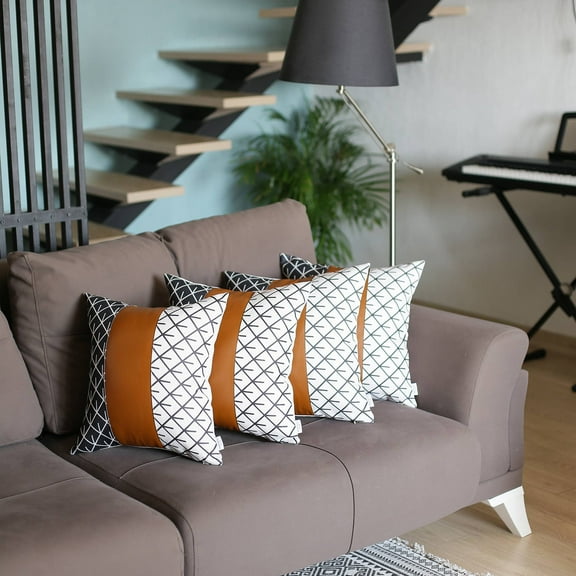 Boho Set of 4 Handcrafted Decorative Throw Pillow Cover Vegan Faux Leather Geometric 17" x 17" Brown & Ivory Square for Couch, Bedding
