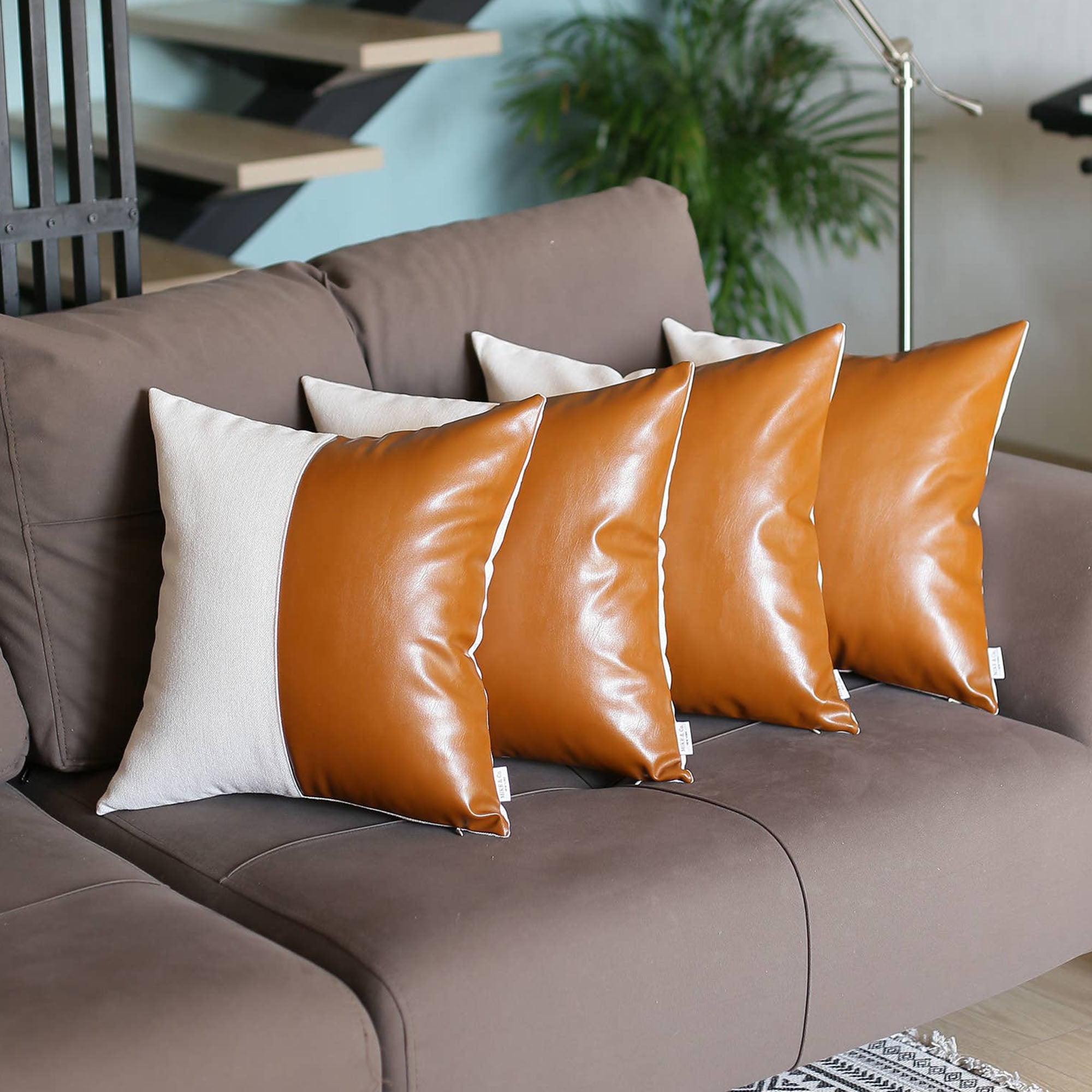 Boho Set of 4 Handcrafted Decorative Throw Pillow Cover Vegan Faux Leather Solid 17" x 17" Brown & Ivory Square for Couch, Bedding