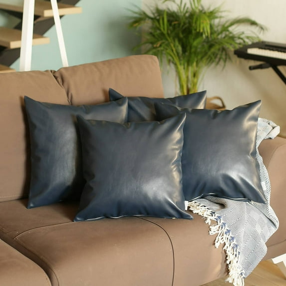 Boho Set of 4 Handcrafted Decorative Throw Pillow Cover Vegan Faux Leather Solid 20" x 20" Navy Blue Square for Couch, Bedding