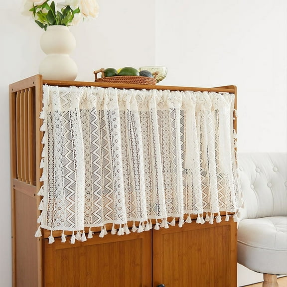 Boho Sheer Curtain Valance Crochet Lace with Bohemian Hollow Knitted Handmade Tassels, Short Farmhouse Window Treatment for Kitchen Cafe