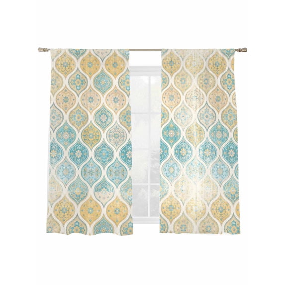 Boho Sheer Curtains 2 Panels Set Moroccan Trellis Yellow Argyle Geometric Flower Texture Sheer Window Curtains Light Filtering Rod Pocket Voile Drapes for Bedroom Living Room 52"X72"