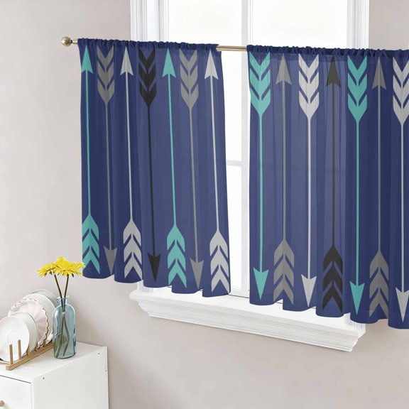 Boho Sheer Curtains 45 Inch Length 2 Panels Set, Vintage Farmhouse Ethnic Feathers Arrows Blue Voile Window Treatment Rod Pocket Small Kitchen Curtains Drapes for Bedroom 52"x45"x2