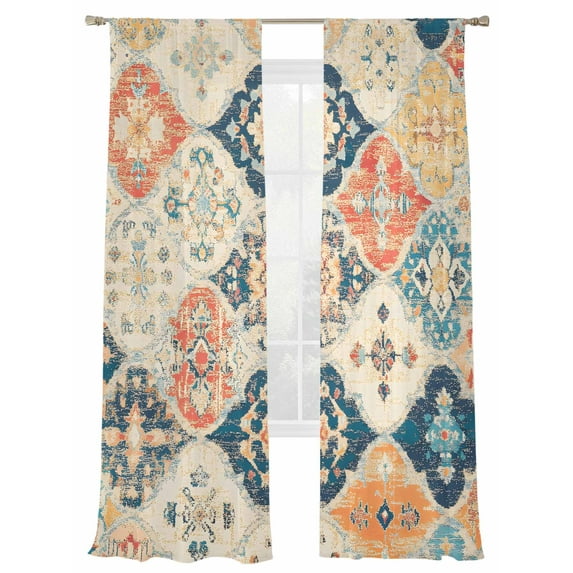 Boho Sheer Curtains 96 Inch Long 2 Panels, Vintage Orange Blue Abstract Ethnic Flower Texture Light Filtering Rod Pocket Semi Sheer Curtains, Sheer Voile Drapes for Living Room Bedroom, 52"x96"