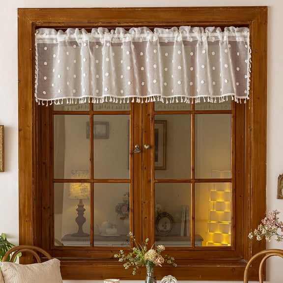 Boho Sheer Valance Kitchen Curtains 18 Inches Long 1 Panel, Pom Pom Over Sink Cafe Curtain with Tassels, Light Filtering Window Short Small Drapes (White,29"x18")