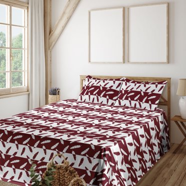 Ambesonne Boho Fitted & Flat Sheet with Shams 4 Pcs Set, Horizontal Art Striped Pattern, King, Maroon and White