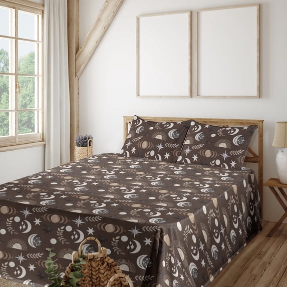 Ambesonne Boho Fitted & Flat Sheet with Shams 4 Pcs Set, Minimal Sun Moon Scandinavian, Queen, Taupe Tan and Dark Grey