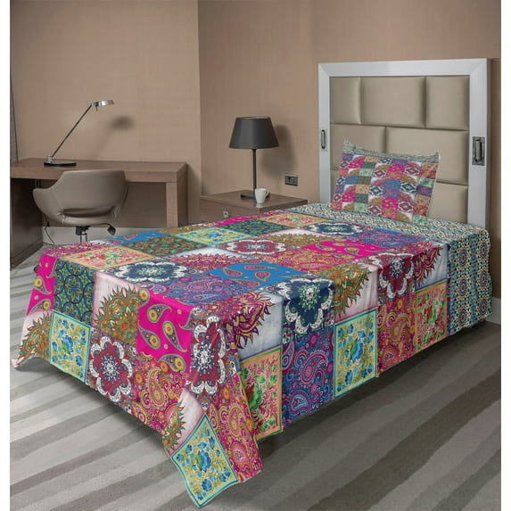 Ambesonne Boho Fitted & Top Sheet Set with Sham, Teardrop Paisley Colorful Art, Multicolor