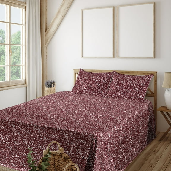 Ambesonne Boho Fitted & Flat Sheet with Sham 3 Pcs Set, Swirly Flowers Romantic Modern, Twin XL, Maroon and White