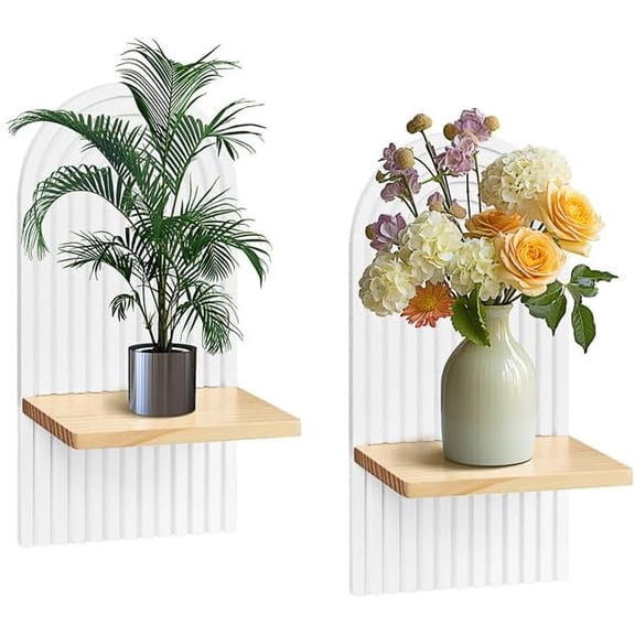 Boho Shelf Wall Decor, 13.58''×7.08'' Deep Natural Wood Shelf Mid Century Hanging Shelf Modern Rainbow Wall Candle Holder for Nursery Bedroom Living Room,Set of 2(White)