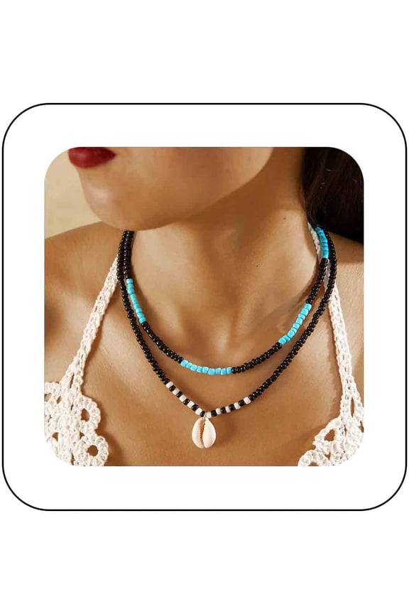 Boho Shell Beaded Choker Necklace Seashell Starfish Collar Necklace Seed Bead Chain Necklace Summer Beach Necklace Rice Beads Necklace Jewelry for Women(White Beaded)