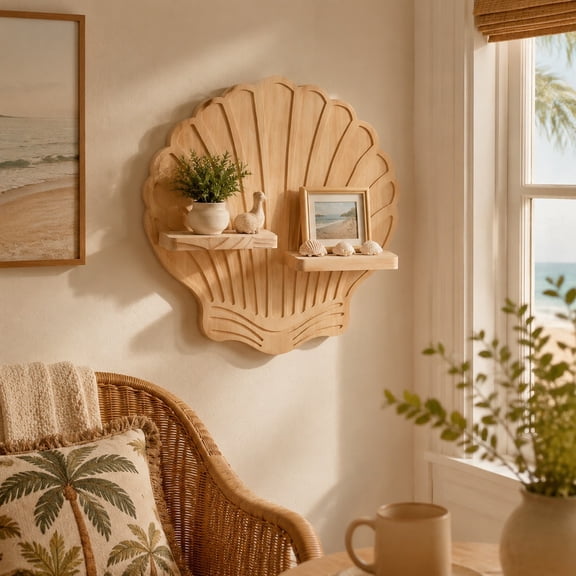 Boho Shell Wall Shelf Wooden Floating Display, Rack Pine Wood Wall Mounted Storage Shelf for Living Room Bedroom Bathroom Decor, Plants Seashells Gifts Home Organizer