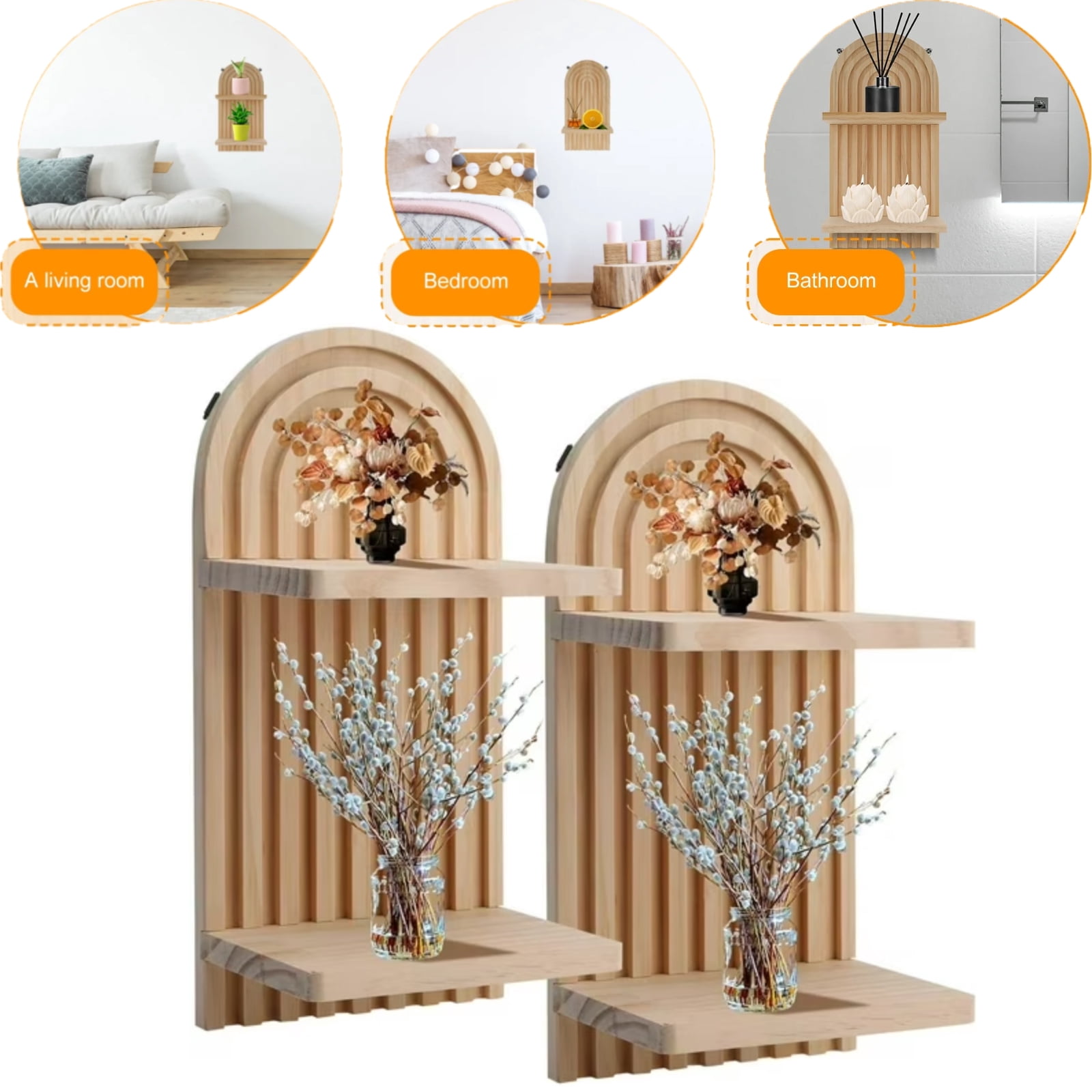 Boho Shelves for Wall, 2 Pcs Arch Wood Floating Shelf Mid Century ...