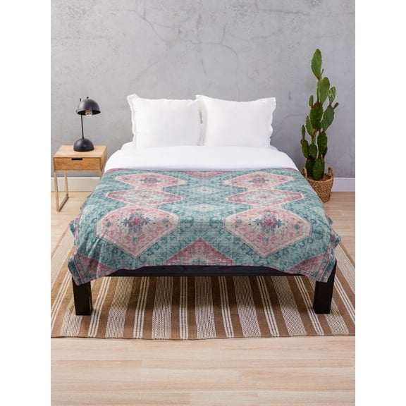 Boho Sherpa Throw Blanket, Pink Teal Moroccan Pattern Polyester Fleece Blanket, Soft 2-Layer Bed & Sofa Throw