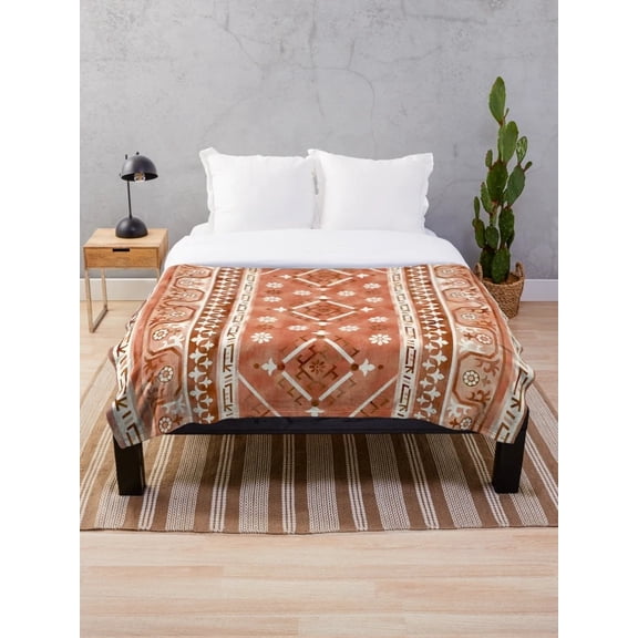 Boho Sherpa Throw Blanket, Terracotta Moroccan Pattern Polyester Fleece Blanket, 2-Layer Fleece & Sherpa Bed or Couch Blanket