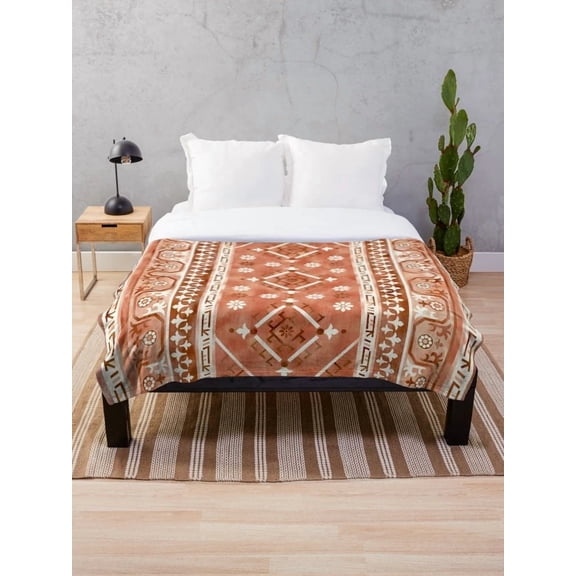 Boho Sherpa Throw Blanket, Terracotta Moroccan Pattern Polyester Fleece Blanket, 2-Layer Fleece & Sherpa Bed or Couch Blanket