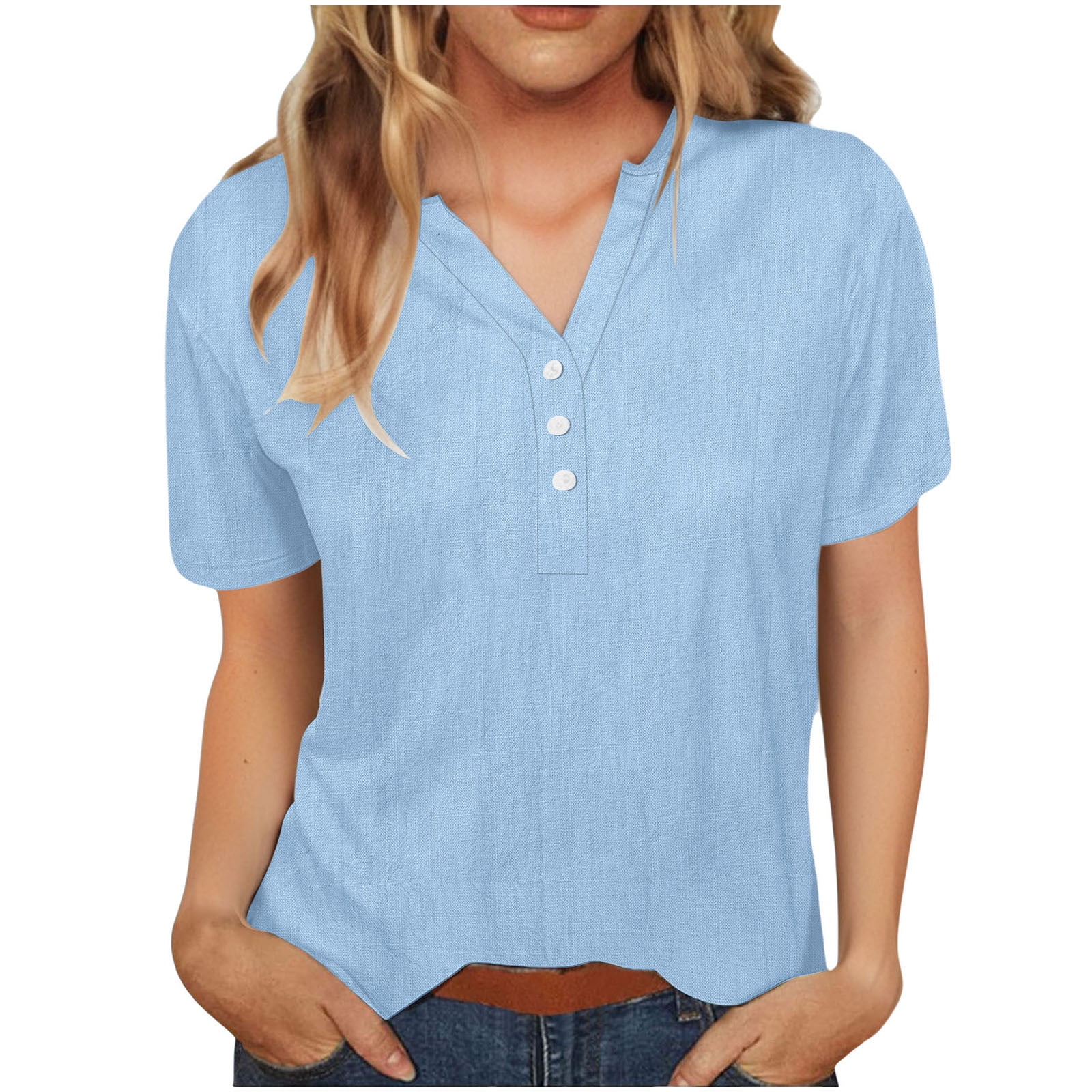 Women's V-Neck Loose T-Shirt - Short Sleeve Casual Tee, Summer Jersey Top - View #3