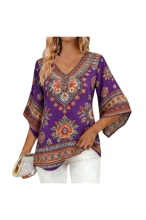 Boho Shirts for Women V Neck Half Sleeve Cotton Blouses Casual Bohemian Floral Tunic Top Going Out Tops Hawaiian Boho Beach Holiday Blouses & Shirts Loose Retro Tee Shirt