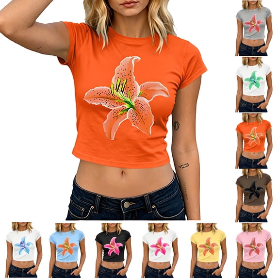 Boho Shirts for Women Ndbuld Women's Casual Fashion Spring And Summer Printed Round Neck Short Sleeve Top Orange M