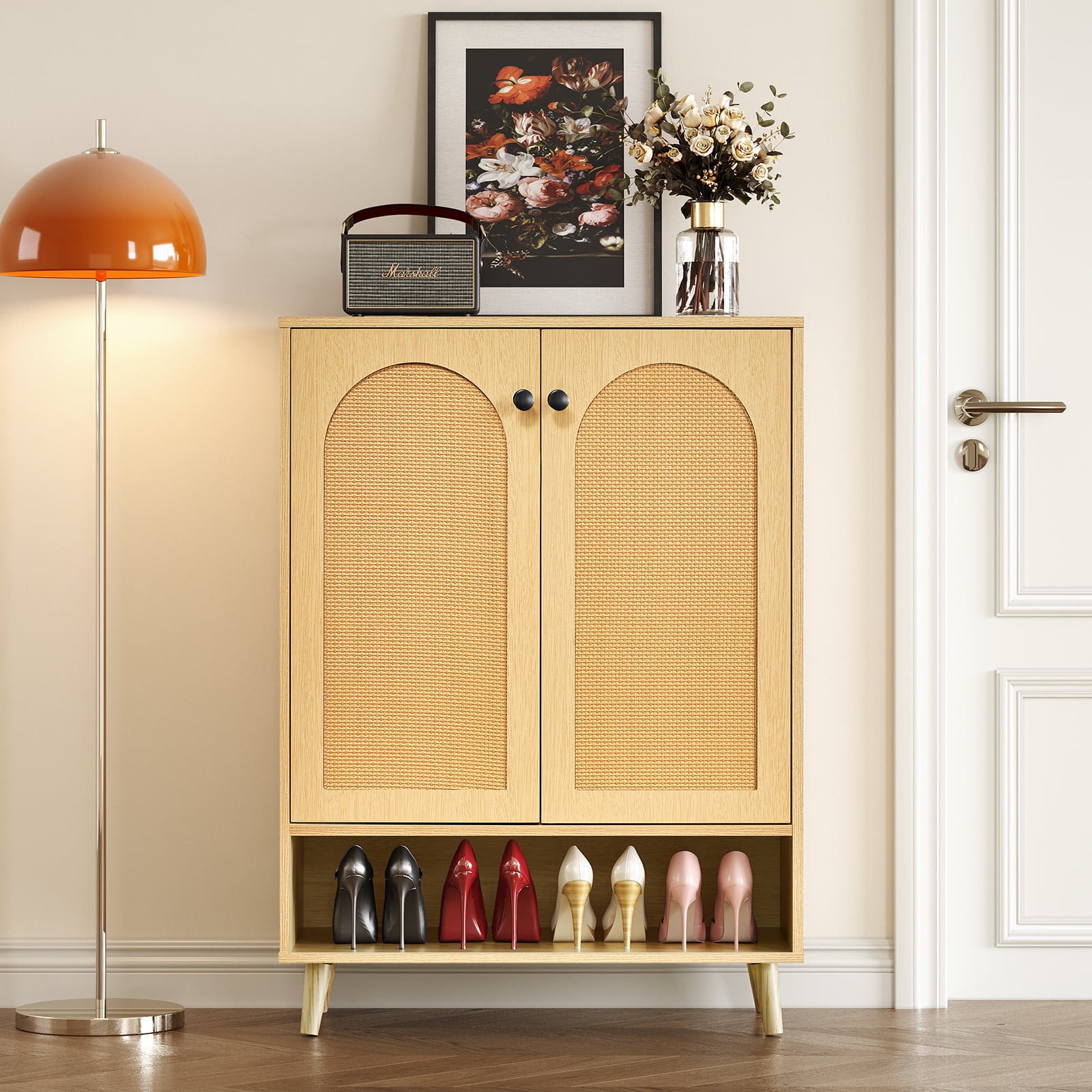 Boho Shoe Cabinet Shoe Storage Cabinet with 5 Adustable Shelves Natural Rattan Slim Shoe Organizer Rack Narrow Entrance Shoes Console with Wood Legs for Entryway Hallway Walmart